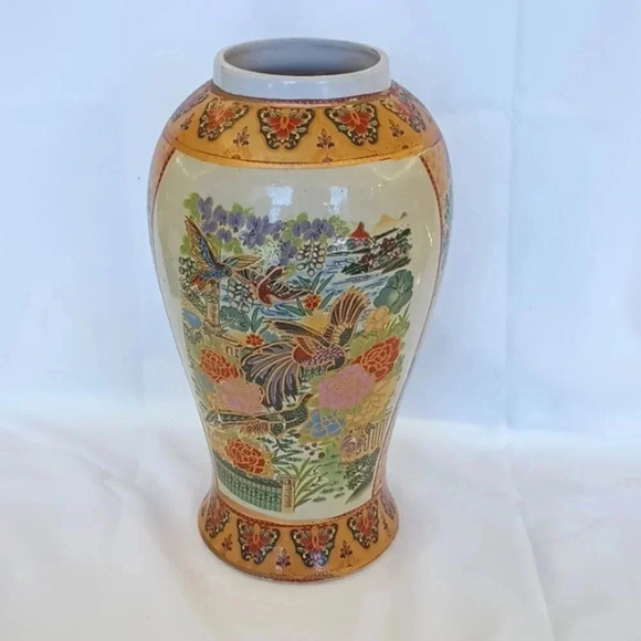 Vintage Other - Vintage Hand-painted Asian Oriental Vase with Birds Flowers and Gold Accents